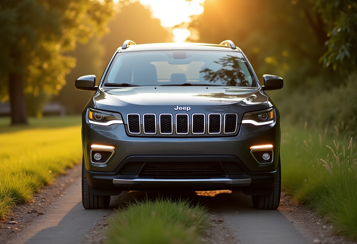 Jeep Avenger ibrida in un paesaggio urbano moderno