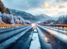 Pneumatici invernali su autostrada italiana in inverno