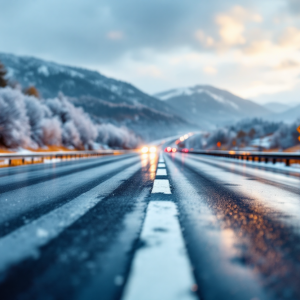 Pneumatici invernali su autostrada italiana in inverno