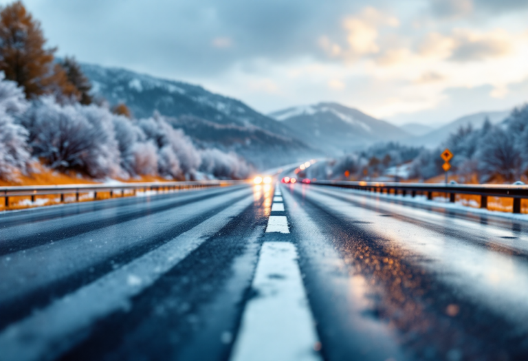 Pneumatici invernali su autostrada italiana in inverno