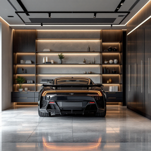 Interno del garage Bugatti FG-01 con hypercar esclusive