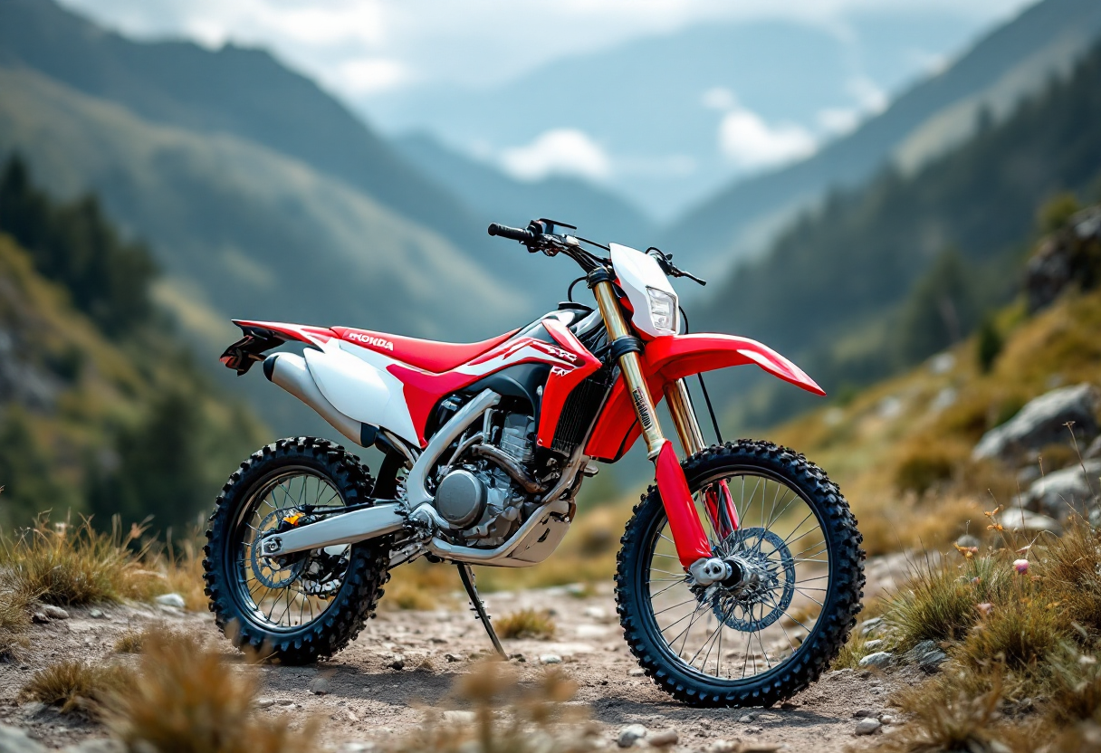 Honda CRF300 2025 in esposizione con dettagli sui prezzi