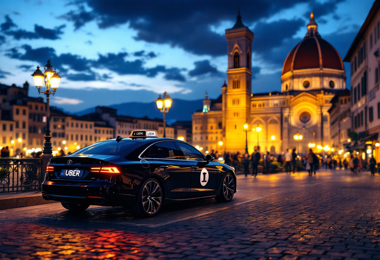 Immagine di un'auto Uber a Firenze con monumenti sullo sfondo