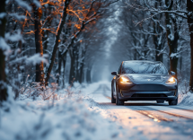 Auto elettrica in un paesaggio invernale freddo