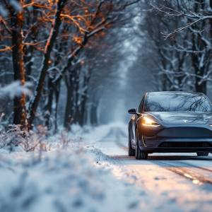 Auto elettrica in un paesaggio invernale freddo