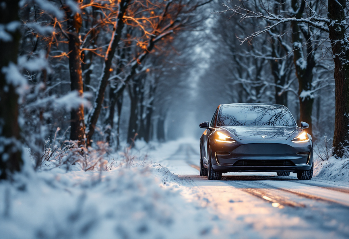 Auto elettrica in un paesaggio invernale freddo