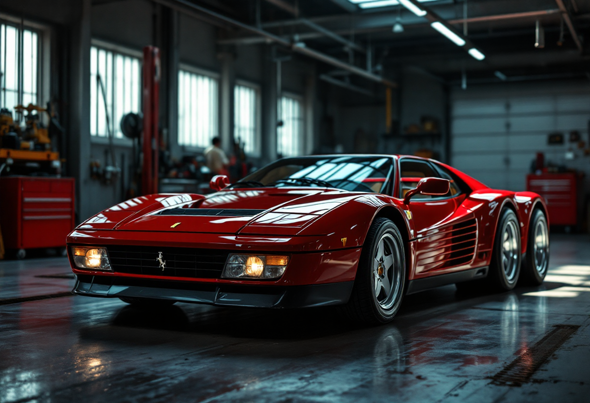 Ferrari Testarossa modificata con sei ruote in esposizione