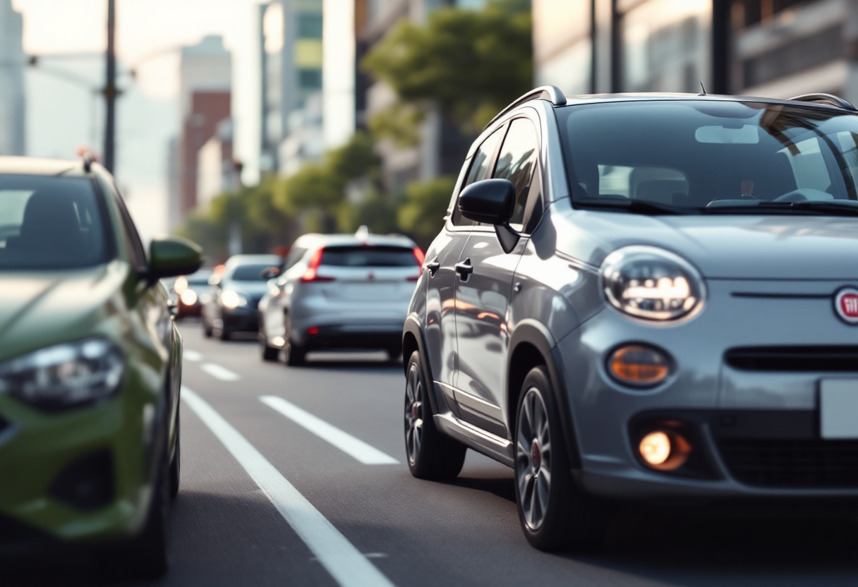 Fiat Grande Panda ibrido in un paesaggio urbano moderno