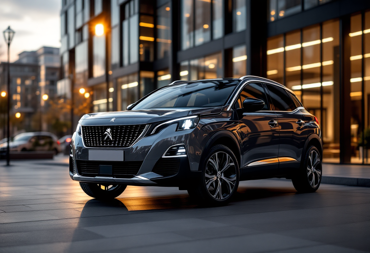 Peugeot 3008 Hybrid GT in un paesaggio urbano moderno