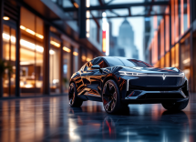 Tesla Model Y Juniper in un paesaggio urbano moderno