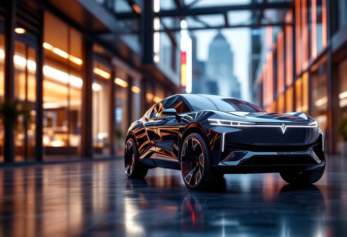 Tesla Model Y Juniper in un paesaggio urbano moderno