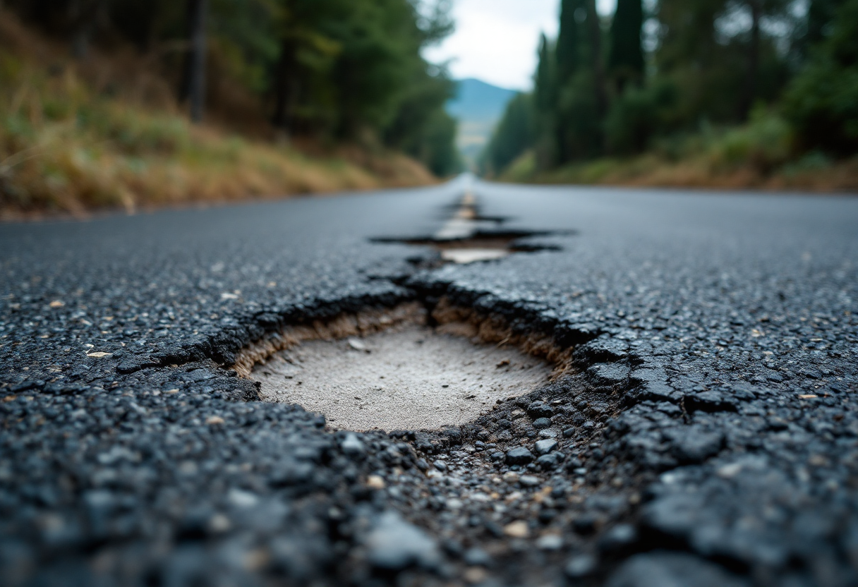 Immagine di una buca stradale in Italia che rappresenta un pericolo