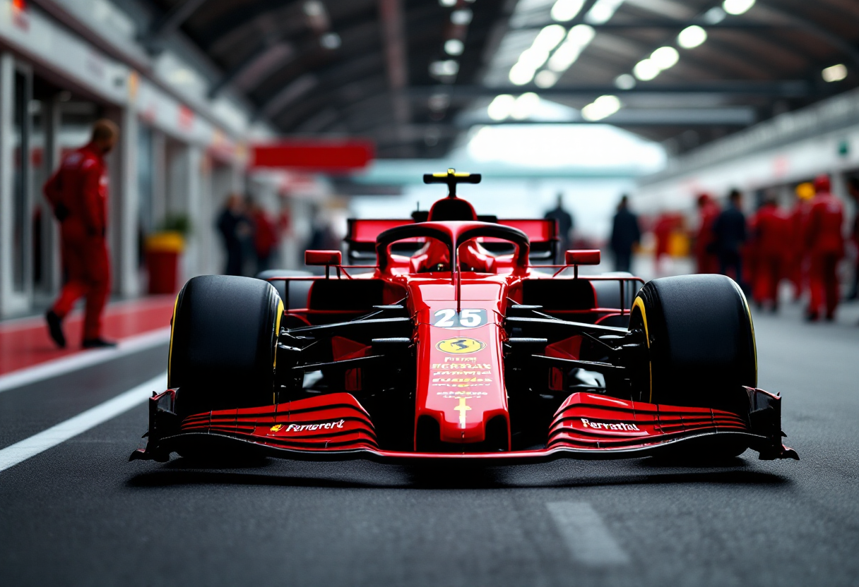 Ferrari SF-25 in pista durante una gara di Formula 1