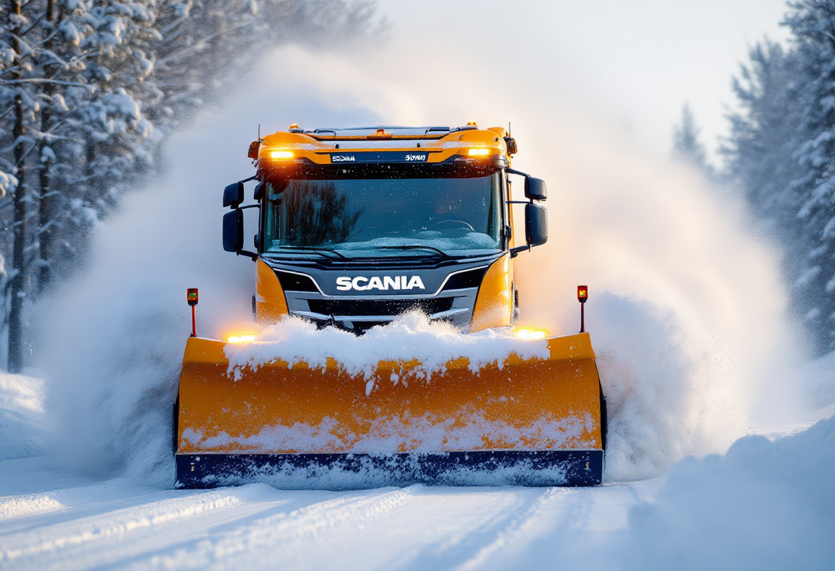 Spazzaneve Scania in azione durante una nevicata