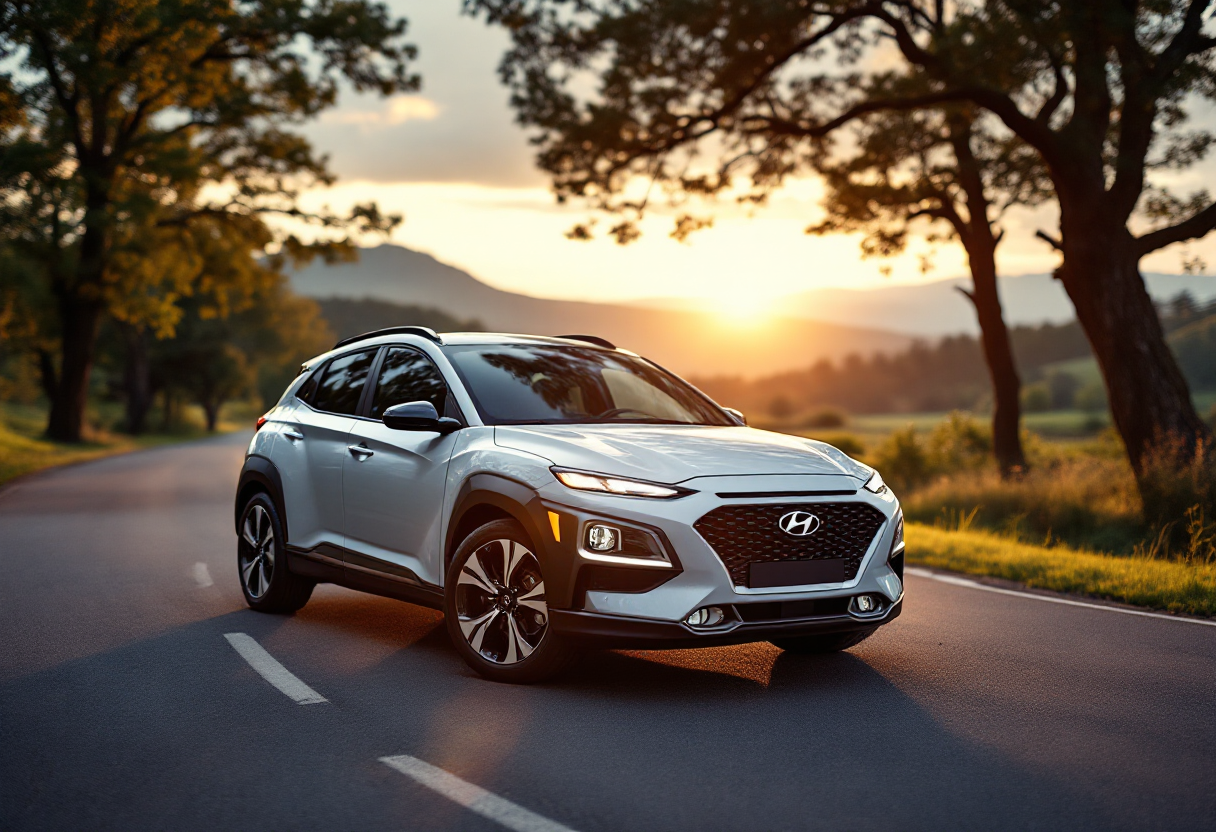 Hyundai Kona full hybrid in movimento su strada