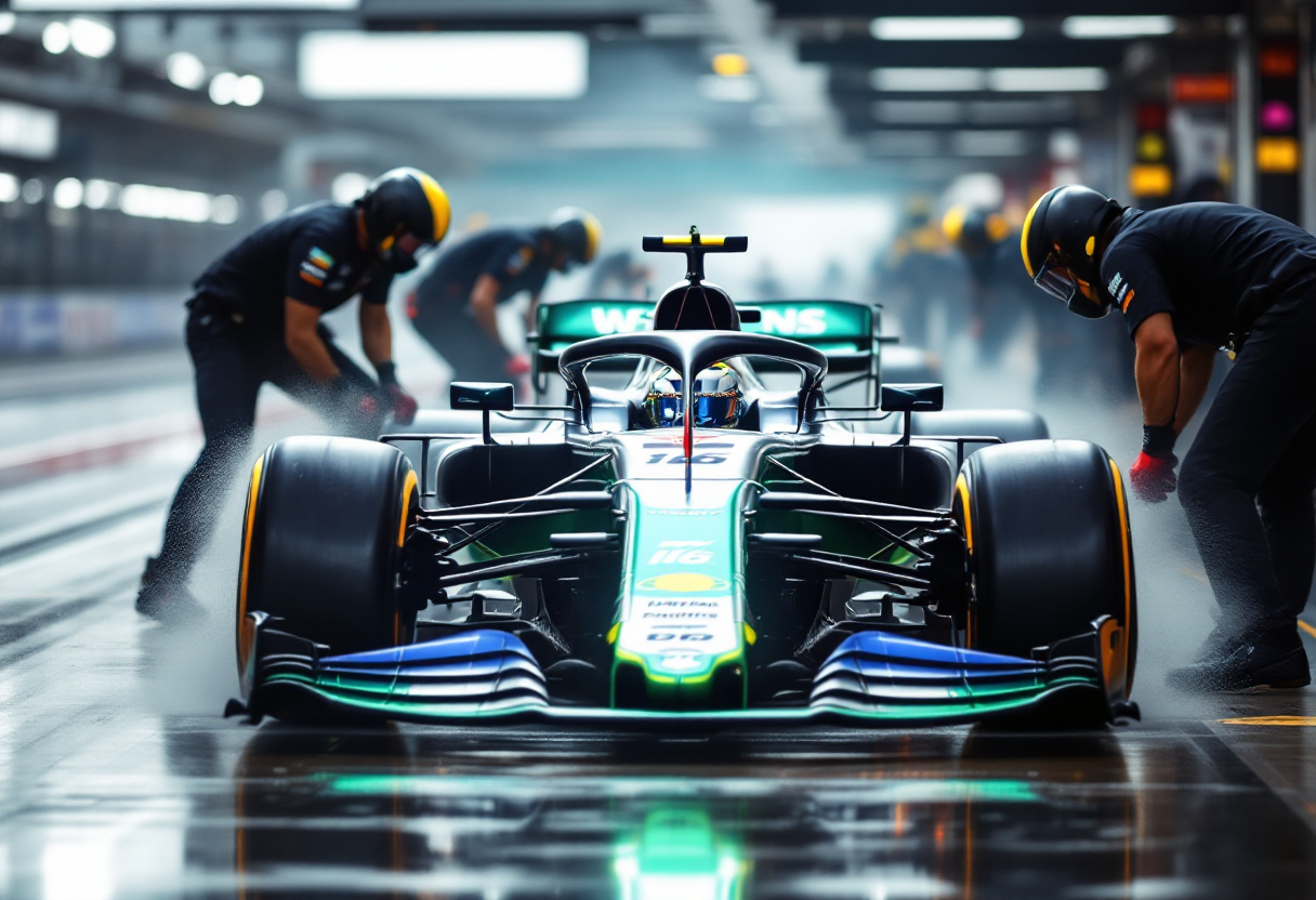 Mercedes F1 W16 in pista con i suoi piloti