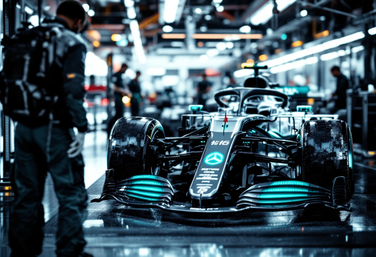 Mercedes W16 in pista durante la stagione 2025 di Formula 1