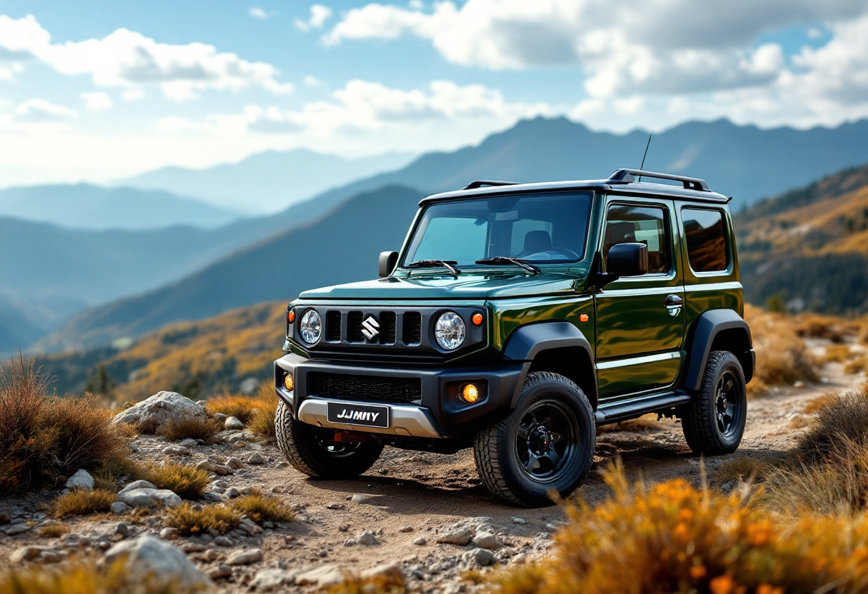 Suzuki Jimny 5 porte in un paesaggio avventuroso