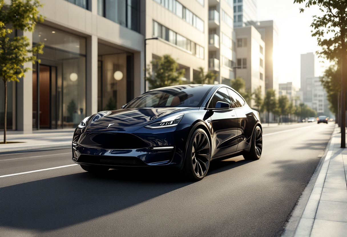 Tesla Model Y 2025 in esposizione con nuove caratteristiche