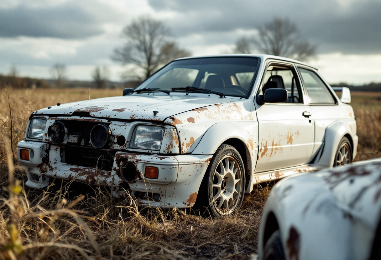 Immagine di Ford Escort RS Cosworth lasciate in un campo