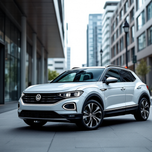 Nuova Volkswagen T-Roc ibrida in un paesaggio urbano