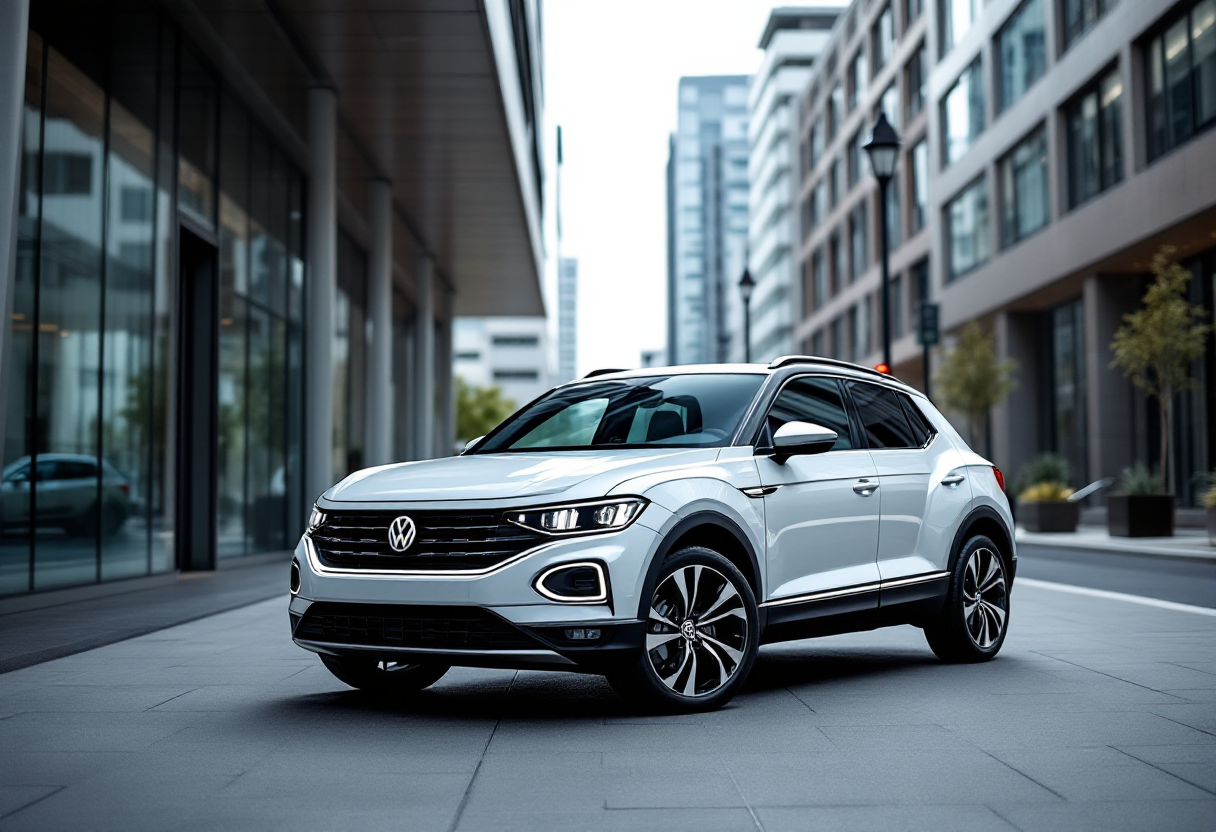 Nuova Volkswagen T-Roc ibrida in un paesaggio urbano