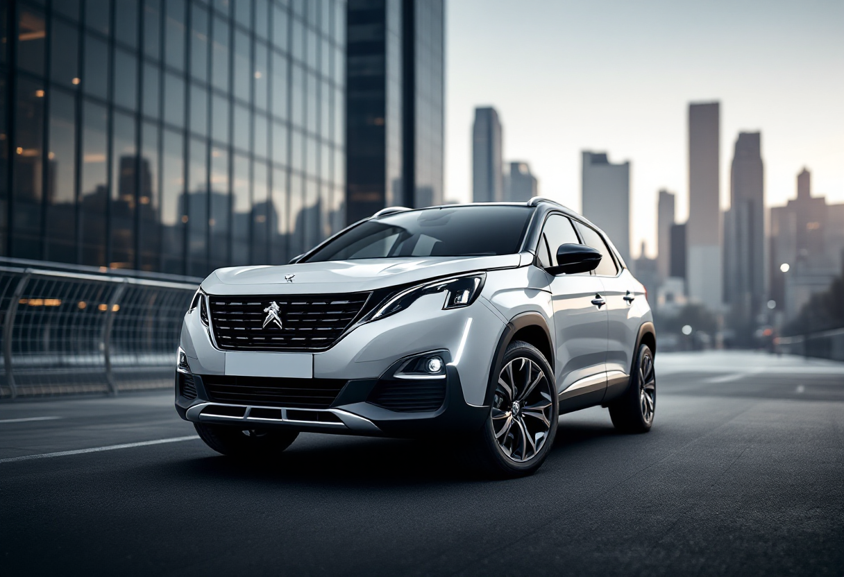 Peugeot 2008 Hybrid in promozione con sfondo urbano