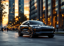 Porsche Cayenne elettrica in un paesaggio urbano moderno