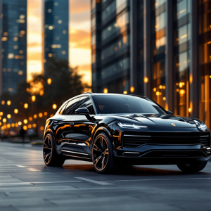 Porsche Cayenne elettrica in un paesaggio urbano moderno