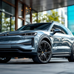 Porsche Cayenne elettrica in un paesaggio urbano moderno